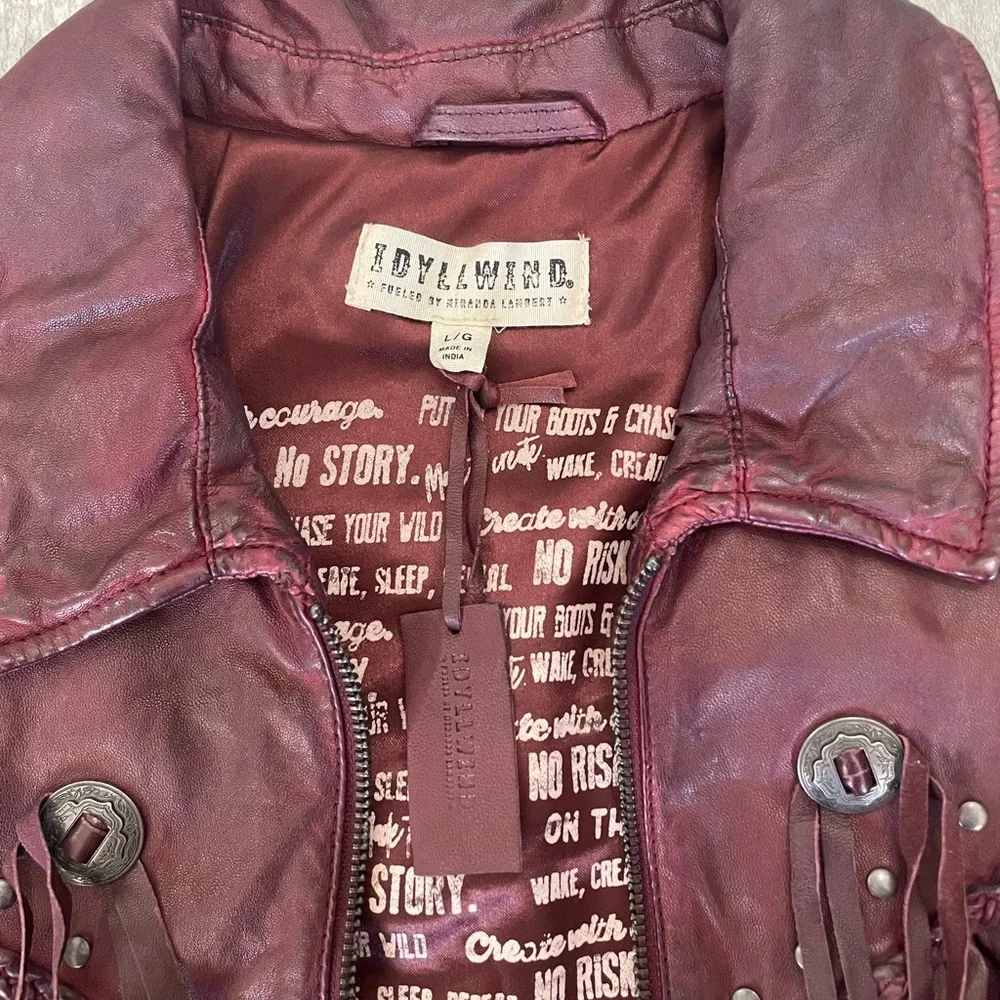 IDYLLWIND - Burgandy Leather Fringe Moto Jacket - Picture 3 of 11